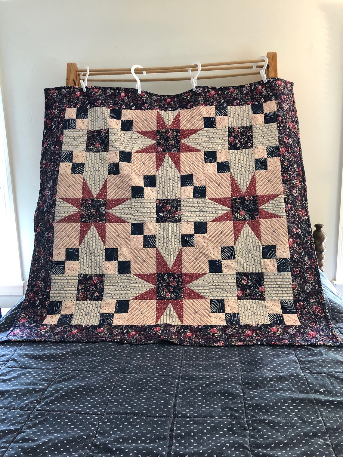 Quilted Table Cover, Quilted Wall Hanging, Texas Star Pattern in Blues