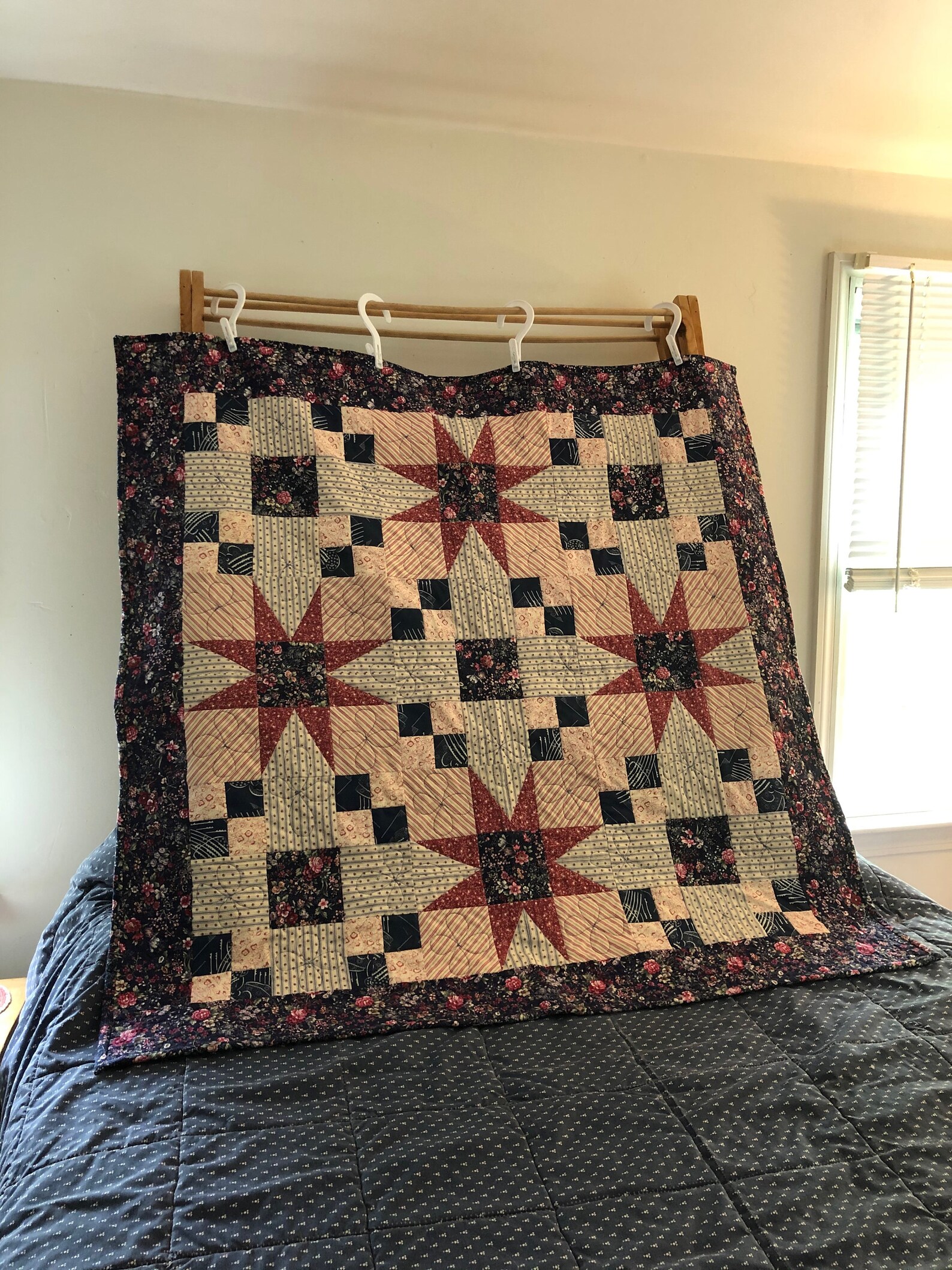 Quilted Table Cover, Quilted Wall Hanging, Texas Star Pattern in Blues