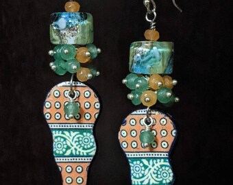 Gemstone earrings, OoAK Earrings,  Lampwork Earrings, Cluster Earrings, Handmade Earrings