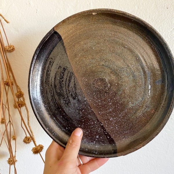 Vintage Shallow Hand Turned Pottery Platter / Dark Serveware