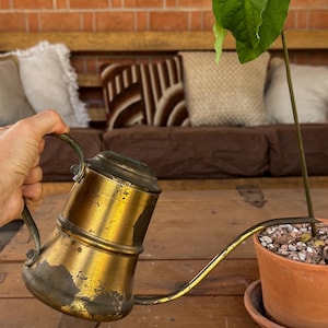 May include: A vintage brass watering can with a cylindrical body, a curved handle, and a long, slender spout. The metal surface shows signs of wear, including dark patina and areas of tarnished finish, giving it a weathered, aged appearance.