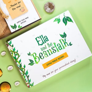 Storia personalizzata di Jack e fagiolo magico, kit di coltivazione di fagioli magici, fagioli magici personalizzati, storia del nome personalizzata, semi magici