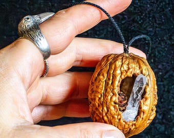 Crow Crafted Walnut, Goblincore Witchy Crystal Ornament
