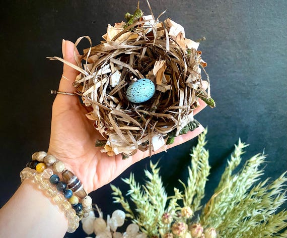 Ninho de pássaro feito à mão com ovo azul: decoração rústica de floresta  (15 cm/5,9\, image size:570x472