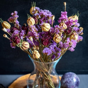 Purple statice, burgundy roses, nigella  bouquet, 35cm, Dried flowers bouquet flowers everlasting Primitive Bouquet Farmhouse Rustic decor
