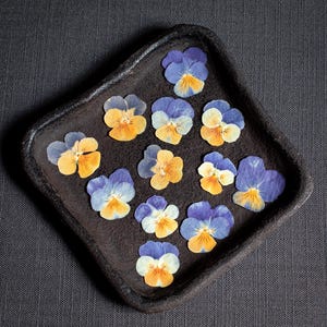 Op de afbeelding: Een verzameling gedroogde viooltjes gerangschikt op een vierkante, donkergekleurde tray. De viooltjes vertonen een mix van blauwe, gele en oranje tinten. De tray heeft een getextureerd oppervlak en de achtergrond is een donkergrijze stof.