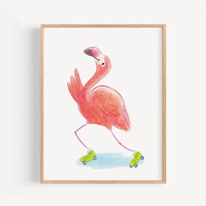 Rollerskating Flamingo Art Print: Tropical Nursery Decor