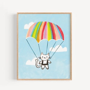 Kunstdruck Katze mit Fallschirm: Skurrile Dekoration fürs Kinderzimmer