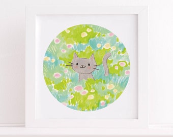 Cute Cat Art Print - Custom Cat Illustration - Cat in Flower Field - Cat Nursery Art