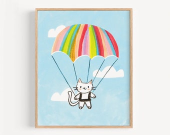 Cat nursery art print, cat kids room art print, parachute cat print, whimsical white cat art print