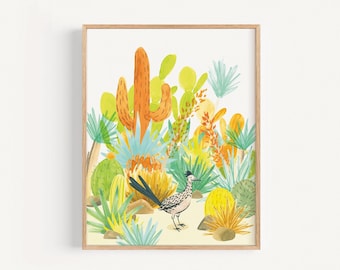 Roadrunner watercolor nursery print, desert animal print, desert wildlife nursery art, desert kids room art, colorful desert art print