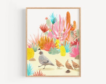 Desert quail nursery print, quail watercolor, quail kids room art, desert decor, desert nursery art print
