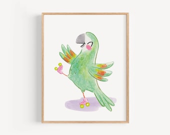 Rollerskating parrot nursery art, parrot kids room print, tropical bird art print, Florida nursery art print, green whimsical nursery art