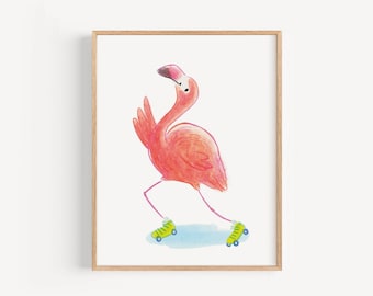Rollerskating flamingo nursery art, Florida nursery art, flamingo kids room print, flamingo nursery art print, tropical bird art
