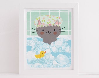 Kids Bathroom art print, Cute Cat Art Print, Cute Kids Bathroom Decor, Childrens Bathroom Artwork, Bubble Bath Cat Art Print