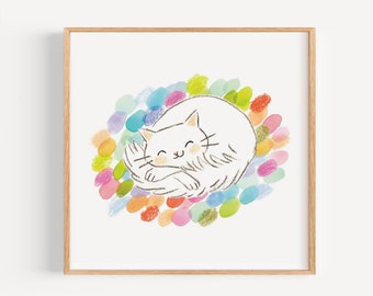 Watercolor Cat Art Print - White Cat Illustration - Cat nursery art - White cat on colorful rainbow rug art print