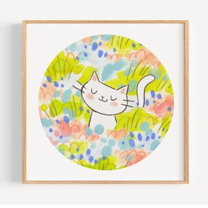 Kunstdruck Weiße Katze Aquarell: Florales Kinderzimmer Dekor