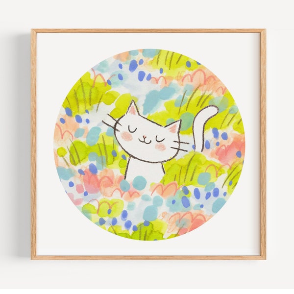 White Cat in Flower Field - White Cat Art Print - Cute Cat Nursery Art - Cat Lover Gift - Cat Mom Gift - Colorful Watercolor Cat Art Print