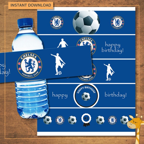 Chelsea Water Bottle Label birthday party, football water bottles labels - instant download - Digital File