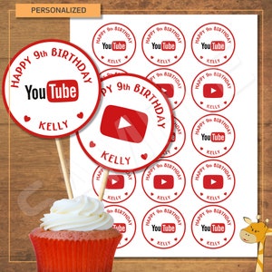 15 YouTube Cupcake toppers PERSONALIZED, birthday party, YouTube party - Digital file