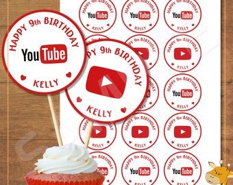 15 adornos personalizados para cupcakes de YouTube, ideales para fiestas de cumpleaños o fiestas temáticas de YouTube (archivo digital)