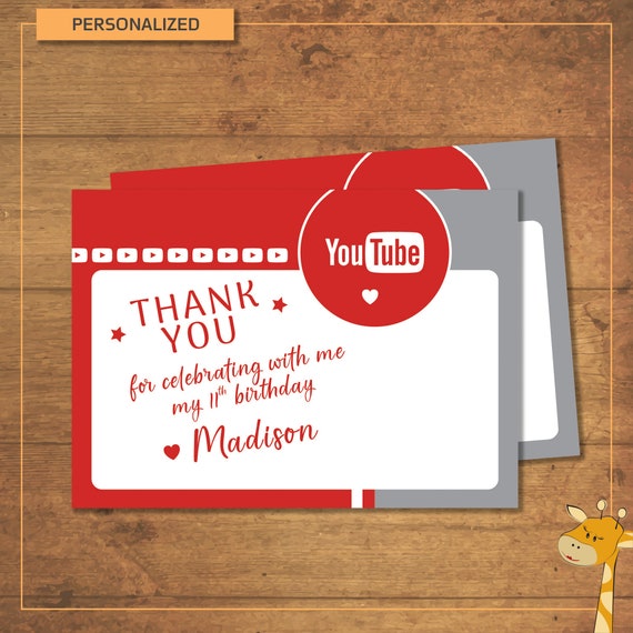 YouTube Thank-you-CARD - PERSONALIZED - birthday party, YouTube party - Digital file
