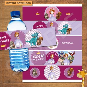 Może przedstawiać: Drukowane etykiety na butelki z wodą z Sofią Pierwszą, w kolorze fioletowym i różowym, z tekstem "Happy Birthday" i "Sofia the First".