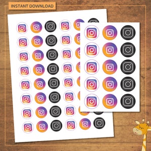 May include: Printable sheet of 48 Instagram logo stickers. The stickers are in a variety of colors, including black, white, orange, pink, and purple. The stickers are perfect for adding a touch of social media to your projects.
