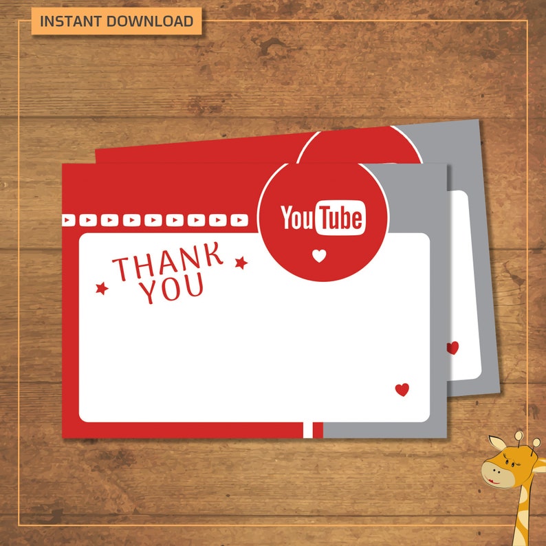 Puede incluir: Tarjetas de agradecimiento rojas y grises con un interior blanco. Las tarjetas presentan un logotipo de YouTube rojo con un coraz&oacute;n blanco en su interior. El texto "THANK YOU" est&aacute; impreso en blanco en las tarjetas.
