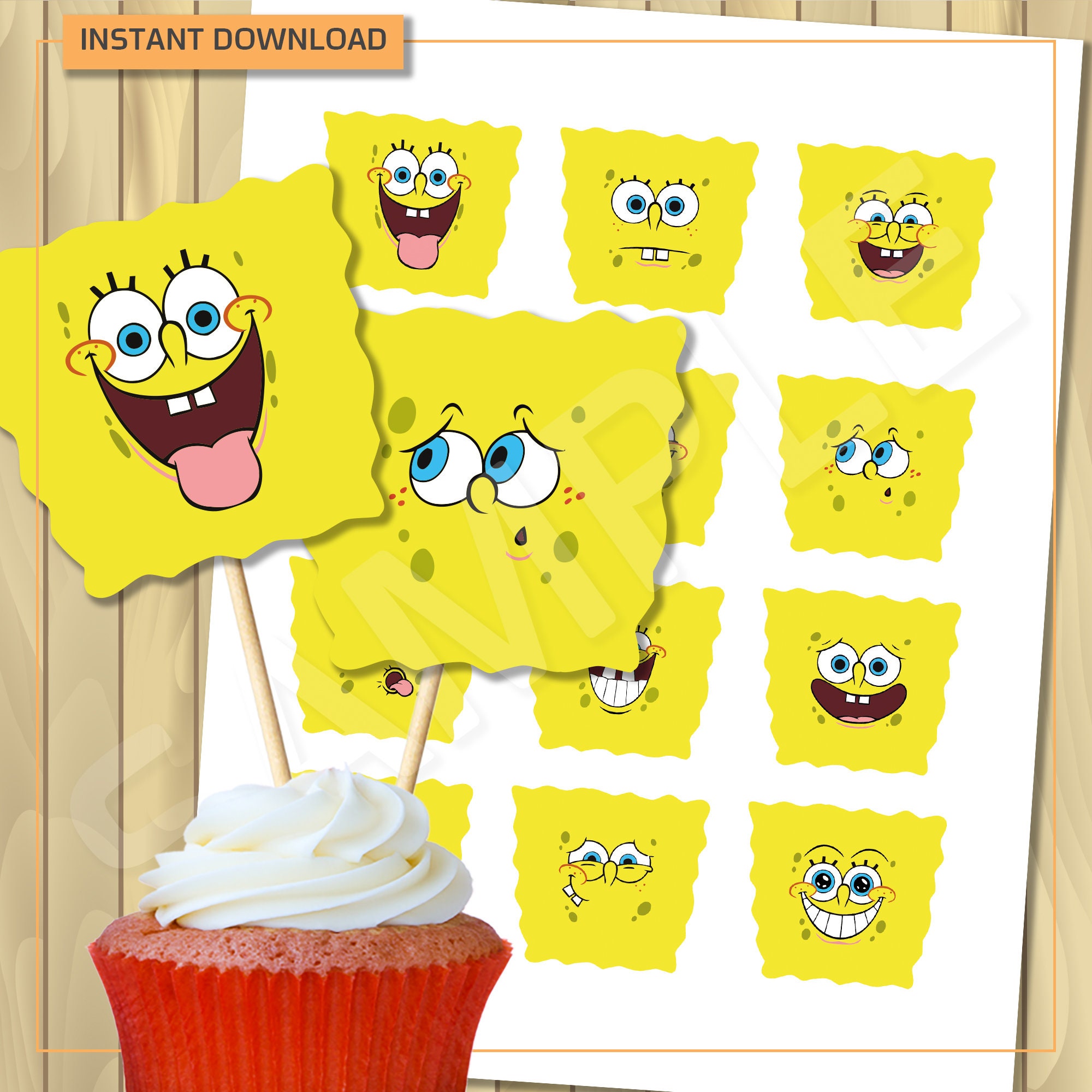 Spongebob Cupcake Toppers for Birthday Party Digital File Etsy Australia