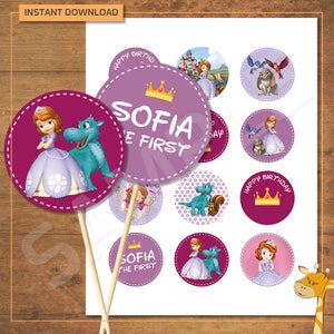 12 Sofia Cupcake toppers birthday party, Sofia party - instant download - Digital file