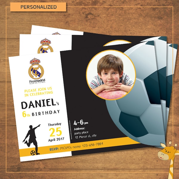 Real Madrid invitations, PERSONALIZED, invitation for birthday party, football  party - Digital file