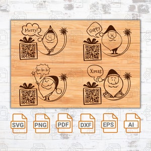 May include: Four digital designs featuring a cartoon Santa Claus with a gift box and a QR code. The designs include the text "Merry!" "Happy" "ho-ho-ho" and "Xmas".