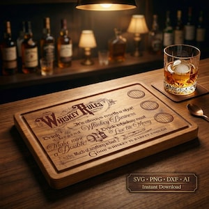 Whiskey Rules Cutting Board SVG | Funny Bar Gift for Men | Laser Engraving File for Glowforge CNC