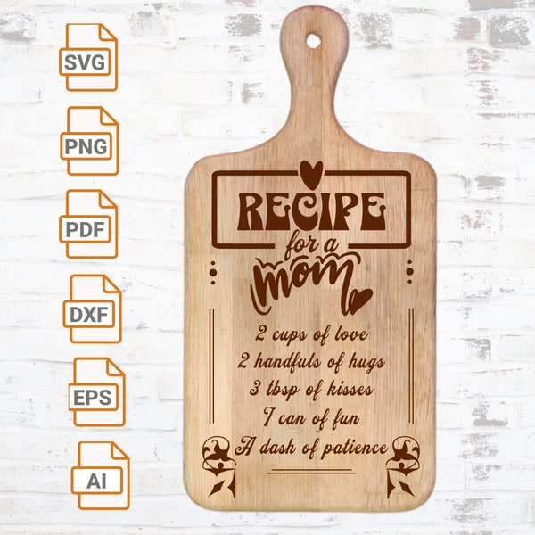 Recipe For Mom Cutting Board Svg| Mom Cutting Board Svg| Mother's Day Svg| Dish Towel Svg| Kitchen Sign Svg