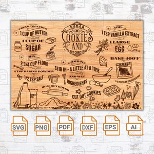 May include: A brown wooden cutting board with a recipe for sugar cookies. The recipe is illustrated with drawings of ingredients and steps. The text reads "Sugar Cookies and Merry Christmas".