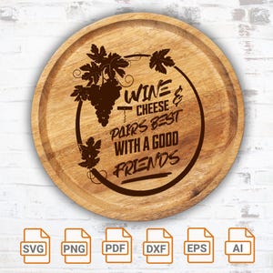 Meilleurs accords vins et fromages SVG| design de style vintage pour gravure laser | Forgelumineuse| Planche de charcuterie Silhouette| Citations sur la planche à découper