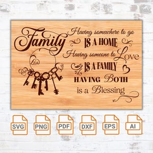 Könnte beinhalten: Ein Holzschild mit dem Text "Family: Having somewhere to go is a home. Having someone to love is a family. Having both is a blessing." Der Text ist in brauner Schrift und von dekorativen Schnörkeln umgeben. Es gibt Schlüssel mit den Worten "Hope", "Love" und "Faith" darauf.