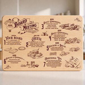 May include: A rectangular light-coloured wooden cutting board featuring a dark brown engraved guide titled Board Meeting. The instructional text and illustrations detail seven steps for assembling a cheese board, including choosing boards, cheese, salty and sweet components, crackers, bread, spreads, and serving tips.
