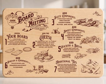May include: A rectangular light-colored wooden cutting board featuring a dark brown engraved guide titled Board Meeting. The instructional text and illustrations detail seven steps for assembling a cheese board, including choosing boards, cheese, salty and sweet components, crackers, bread, spreads, and serving tips.