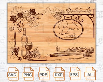 Bon appetit cutting board laser engraving file svg| Home bar accessory| Personalized gift| Glowforge| Charcuterie Board Silhouette
