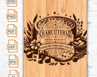 May include: A brown wooden sign with a vintage illustration of a charcuterie board with cheese, nuts, and grapes. The text on the sign reads "Charcuterie - French word for cheese and other fancy stuff."