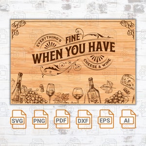 Schattig vleeswarenbord SVG | Fancy Charcuterie-definitie SVG | Wijn-SVG | Grafische wijn en kaas |Glowforge | Keuken bord Svg