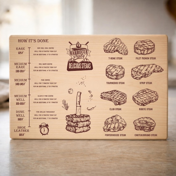 BBQ Temperature Guide SVG for Cutting Board, Meat Temp Chart Laser Engraving File, Grill Master Gift for Dad Glowforge