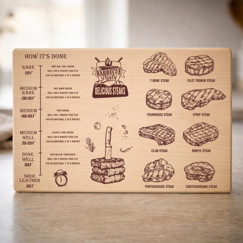 Guía de temperatura para barbacoa en formato SVG para tabla de cortar, archivo de grabado láser para tabla de temperatura de carne, regalo ideal para papá experto en barbacoas Glowforge imagen 1