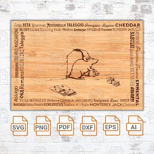 May include: A brown wooden cutting board with a cartoon mouse holding a piece of cheese. The board is surrounded by a list of different types of cheese, including Asiago, Provolone, Mascarpone, Oka Romano, Bocconcini, Taleggio, Cotija, Feta, Roquefort, Mozzarella, Taleggio, Parmigiano-Reggiano, Cheddar, Halloumi, Edam, Kesong Pule, Stilton, Limburger, Panquehue, Provolone, Monterey Jack, Tulum Paneer, Valence, Oaxaca, Jarlsberg, Sulguni, Rumi, Harzer, Manchego, Robiola Piemonte, Gorgonzola, Fontina d'Aosta, Monterey Jack, and Chèvre.