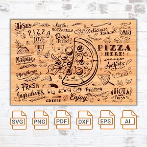 May include: A brown wooden cutting board with a pizza illustration and the text "Pizza Here!" in a handwritten font. The illustration includes a pizza slice with pepperoni, mushrooms, and cheese. The board is surrounded by various pizza-related words and phrases, such as "Tasty", "Fresh", "Veggie Pizza", "Marinara", "Margherita", "Pepperoni", "Hot", "Authentic", "Enjoy", and "Fresh Ingredients".