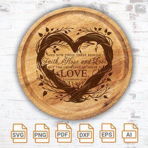 Fé Esperança e Amor Versículo Bíblico decorativo Placa SVG | Tábua de corte SVG | Design de estilo vintage para gravação a laser