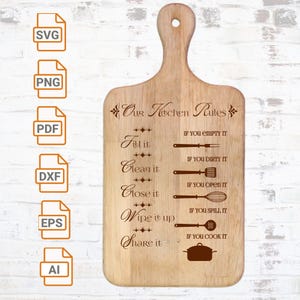 Kitchen Rules Sign SVG für Essens- und Kochliebhaber mit einfachem und minimalistischem Design Design für die Lasergravur| Schneidebrett Sprüche
