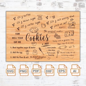 Recetas ilustradas personalizadas, Plantilla de recetas, Descarga editable de galletas con chispas de chocolate, Tarjeta de recetas, Archivos de corte de silueta de tablero